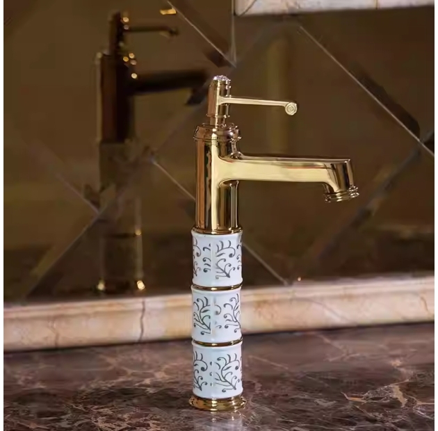 Vòi Lavabo Họa Tiết Trắng Vàng 30cm LUSENTER ( VLB27)