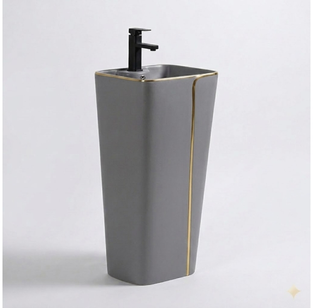 Lavabo Trụ Đứng Liền Khối Xám Viền Vàng LUSENTER (LBT05)