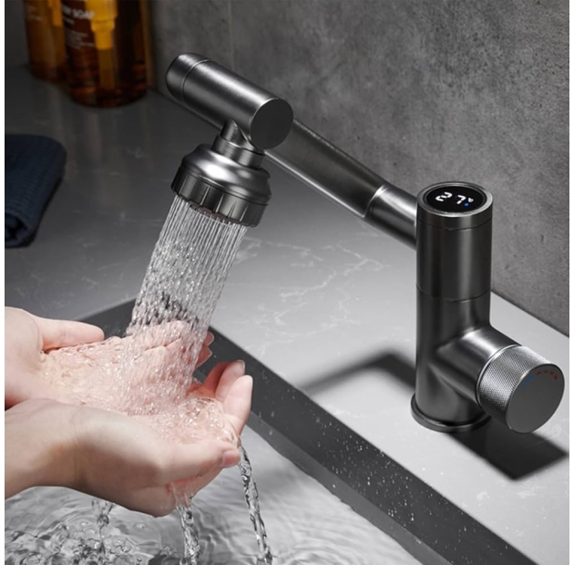 Vòi Lavabo Nóng Lạnh Hiện Thị Nhiệt Xám 360 (VLB82)