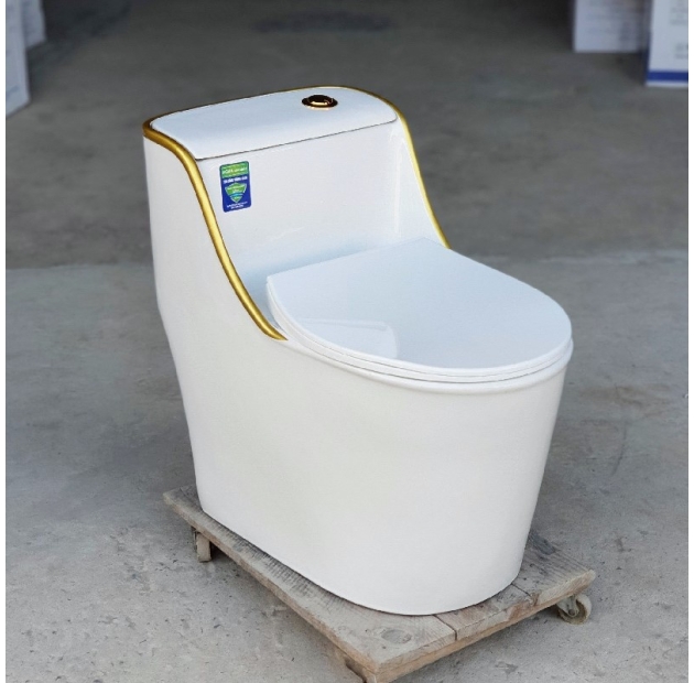 Bồn Cầu 1 Khối Trắng Viền Vàng  LUSENTER (BCMK34)