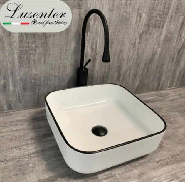 Lavabo Đặt Bàn Trắng Vuông Viền Đen LUSENTER (LB08)