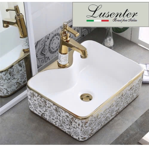 Lavabo Đặt Bàn Chữ Nhật Họa Tiết Lá Viền Vàng LUSENTER (LB24)