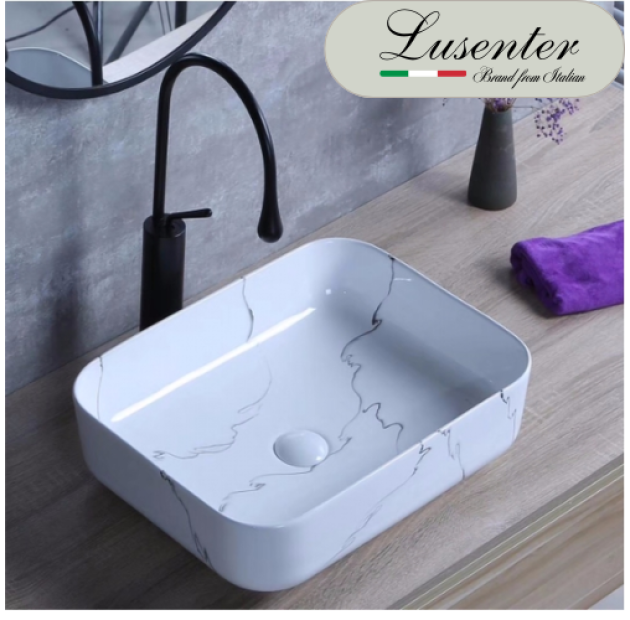 Lavabo Đặt Bàn Chữ Nhật (Bo Góc) Vân Đá Trắng LUSENTER (LB32)