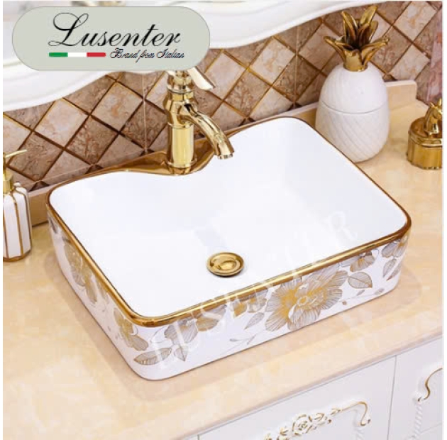 Lavabo Chữ Nhật Viền Vàng Họa Tiết Bông Hoa (LB73)