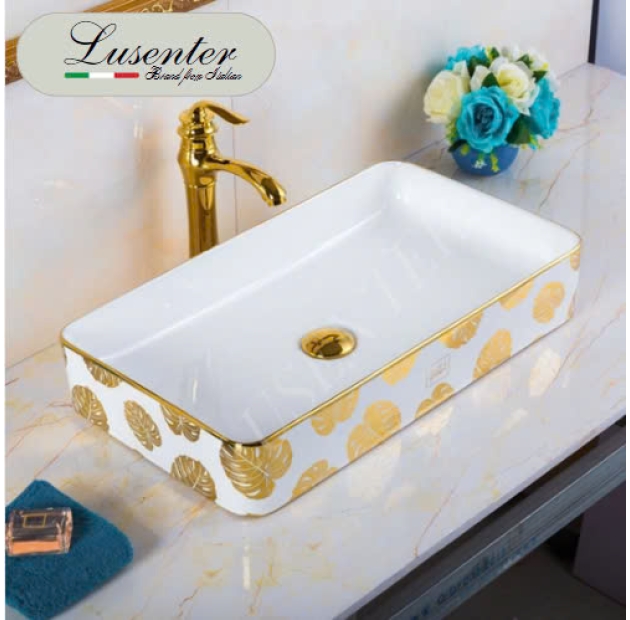 Lavabo Chữ Nhật Viền Vàng Họa Tiết Lá (LB74)