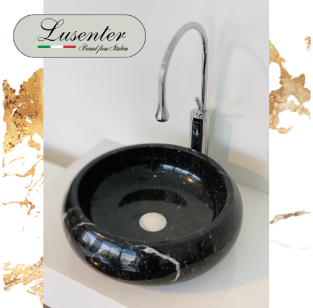 Lavabo Đá Tròn Mỏng Phình Thân Đen Ý BST23 (LBD08)