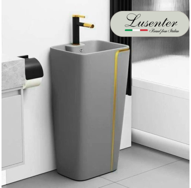 Lavabo Trụ Đứng Liền Khối Xám Viền Vàng LUSENTER (LBT05)