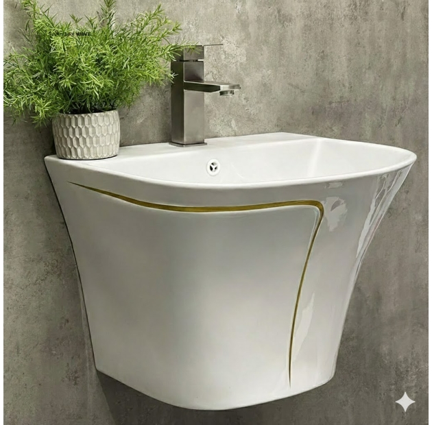 Lavabo Liền Khối Trắng Sọc Vàng Treo Tường LUSENTER(LBTT08)