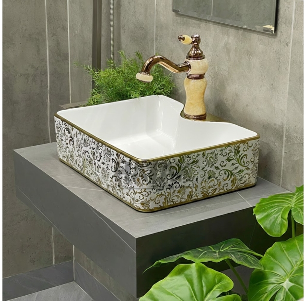 Lavabo Đặt Bàn Chữ Nhật Họa Tiết Lá Viền Vàng LUSENTER (LB24)