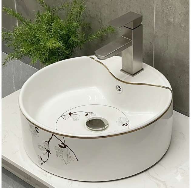 Lavabo Tròn Họa Tiết Hoa Viền Vàng LUSENTER (LB21)