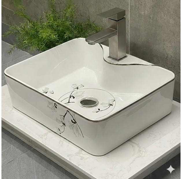 Lavabo Vuông Họa Tiết Hoa Viền Vàng LUSENTER (LB22)