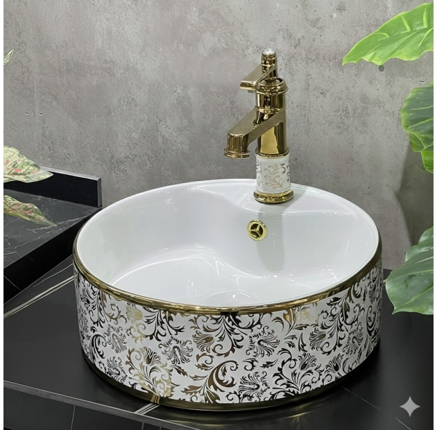 Lavabo Tròn Họa Tiết  Lá Viền Vàng LUSENTER (LB23)