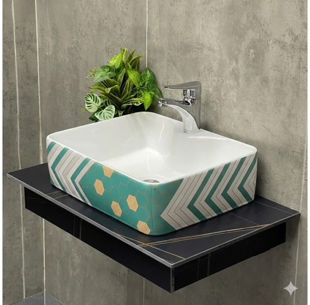 Lavabo Chữ Nhật Họa Tiết Lục Giác Vàng Xanh LUSENTER (LB47)
