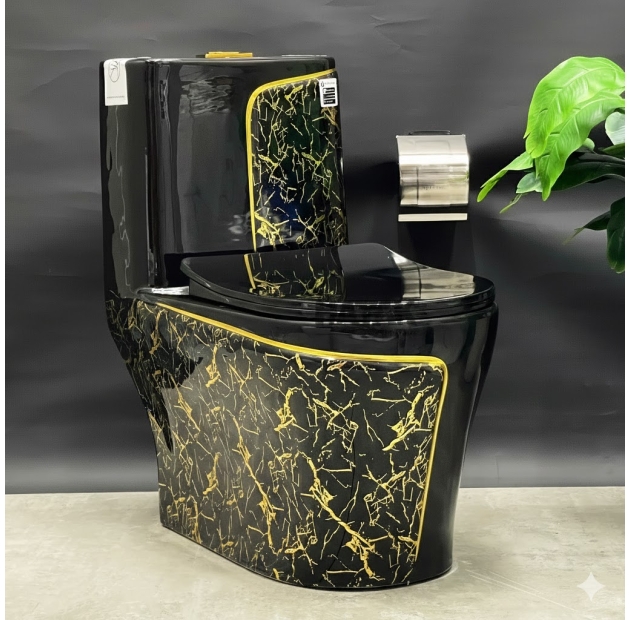 Bồn Cầu 1 Khối Đen Vân đá + Sọc Vàng LUSENTER (BCMK38)