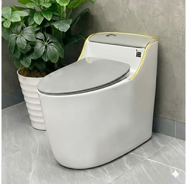 Bồn Cầu Một Khối Trắng Viền Vàng Năp Xám LUSENTER (BCMK33)