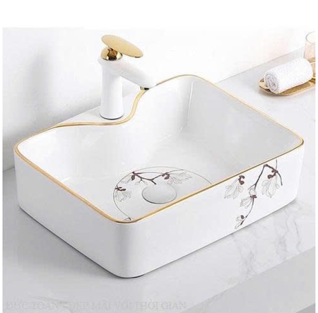 Lavabo Vuông Họa Tiết Hoa Viền Vàng LUSENTER (LB22)