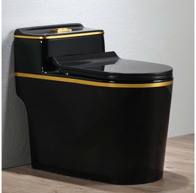 Bồn Cầu Một Khối Thân Lùn Đen Viền Vàng BCMK64