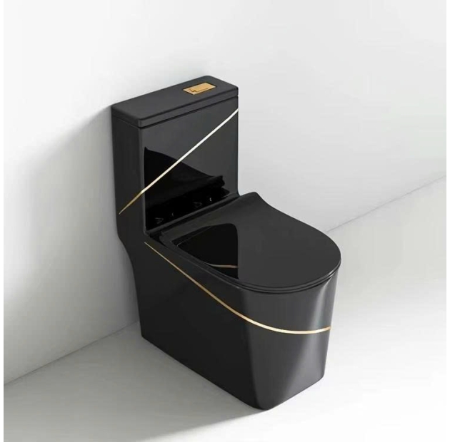 Bồn Cầu 1 Khối Đen Viền Vàng Nút Xả Lệch BCMK67